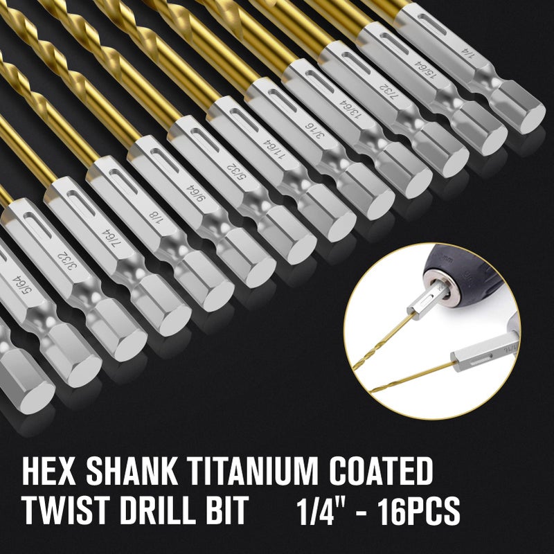 MACXCOIP Hex Shank Drill Bit Set, 16Pcs 1/4HSS Titanium Twist Drill Bit for Sheet Metal, Wood, Plastic, Quick Change Design - Image 4
